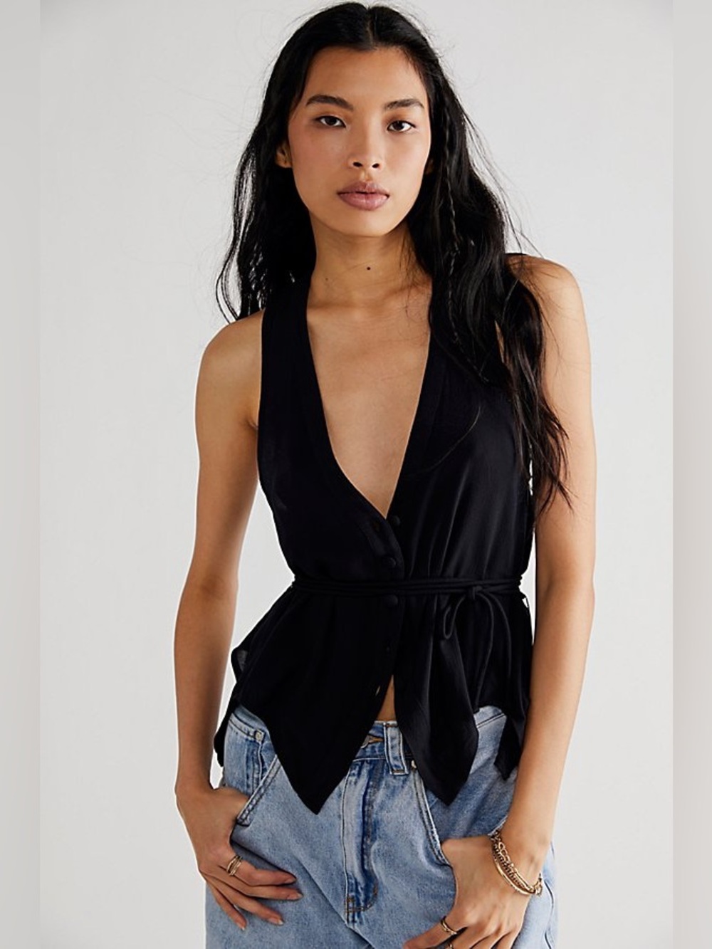 NWOT FREE PEOPLE BUTTON DETAIL Sheena BELTED VEST TOP XS BLACK